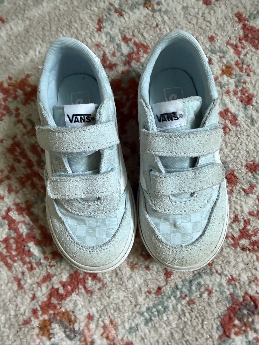 Vans Kids Light Blue Checkerboard Velcro Sneakers, lightly worn